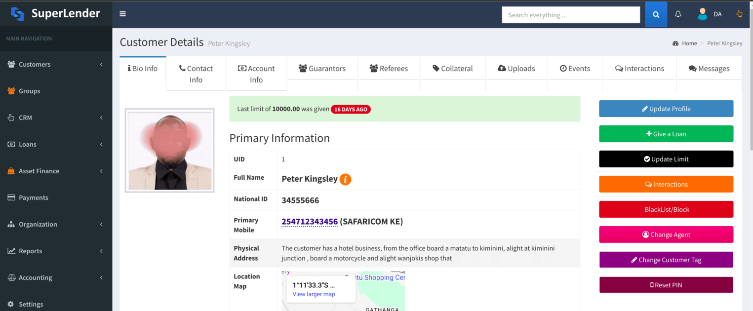 Superlender Customer Management Screenshot